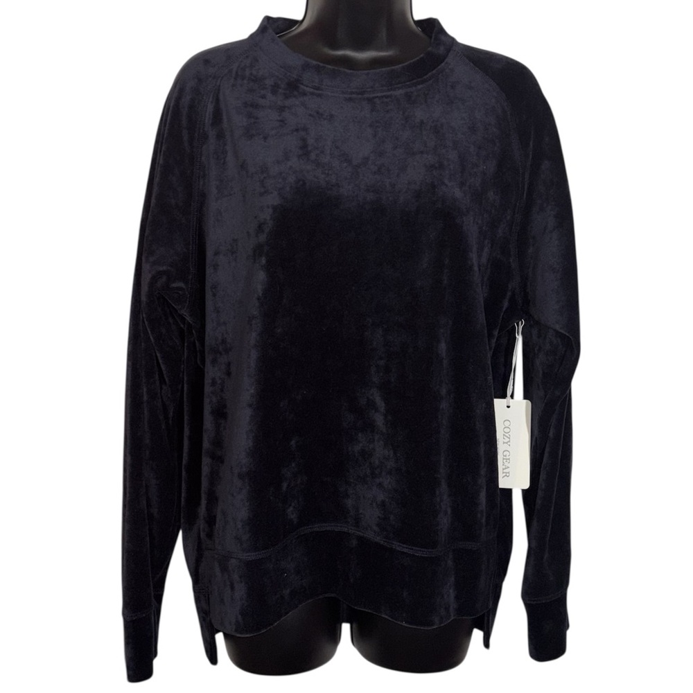 Cozy Gear Crew Neck Sweatshirt Navy Velour Long Sleeve Hi Low Hem Size Medium